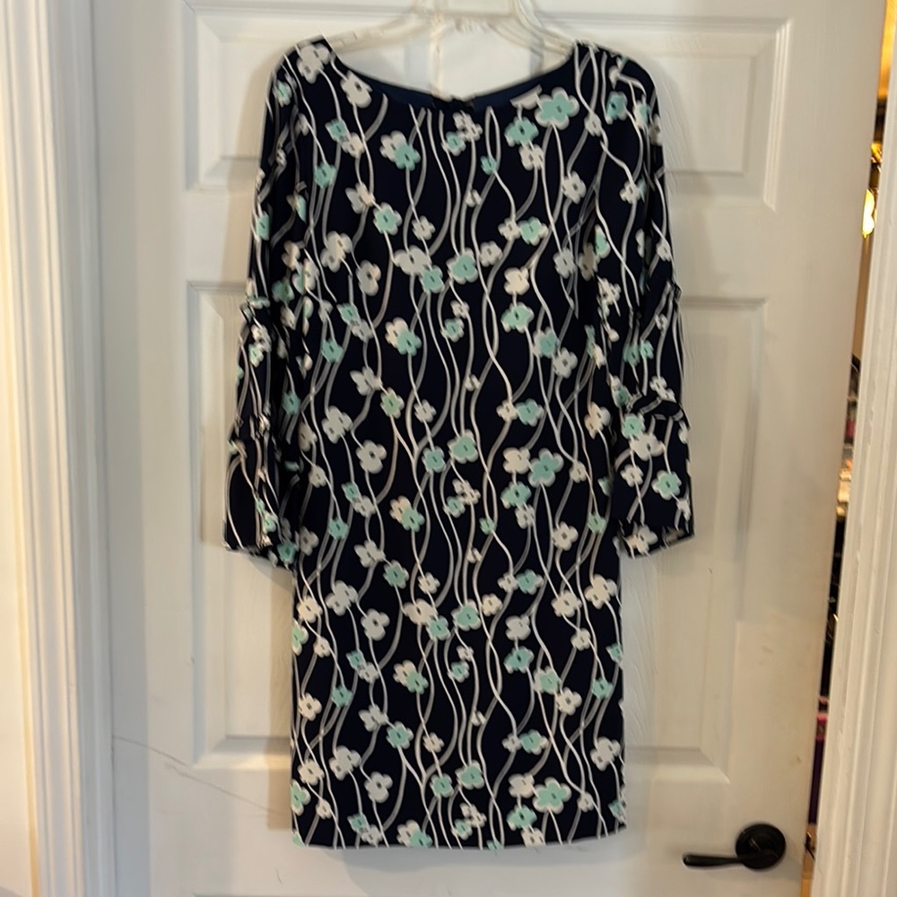 White and Blue Sheath Dress with Bateau Neckline